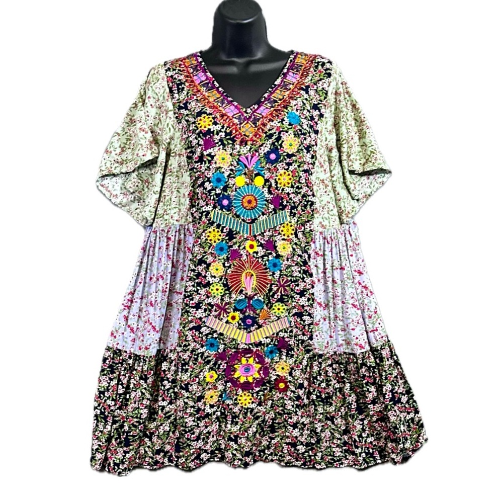SEE And Be Seen Patchwork Embroidered Bohemian Lagenlook Dress size Medium